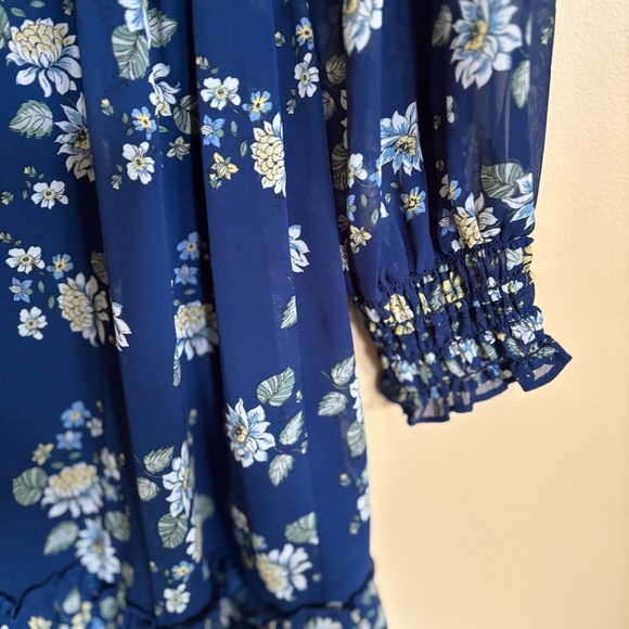 Max Studio| Boho Royal Blue Floral Long Sleeve Gathered Ruffled Dress Sz M - Picture 4 of 7